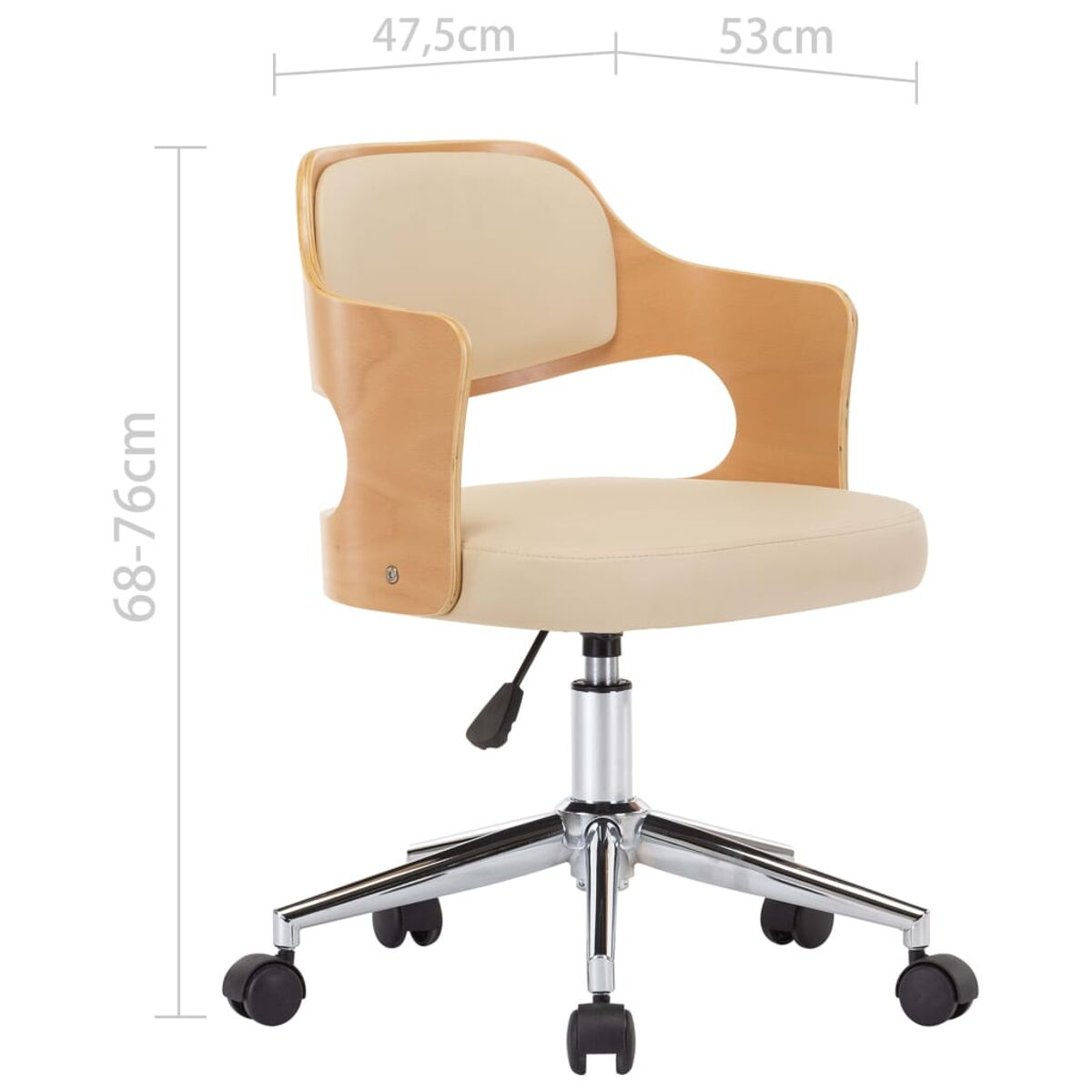 Beiger und Holz-Bürostuhl mit Abmessungen. Hat Rollen und Armlehnen.