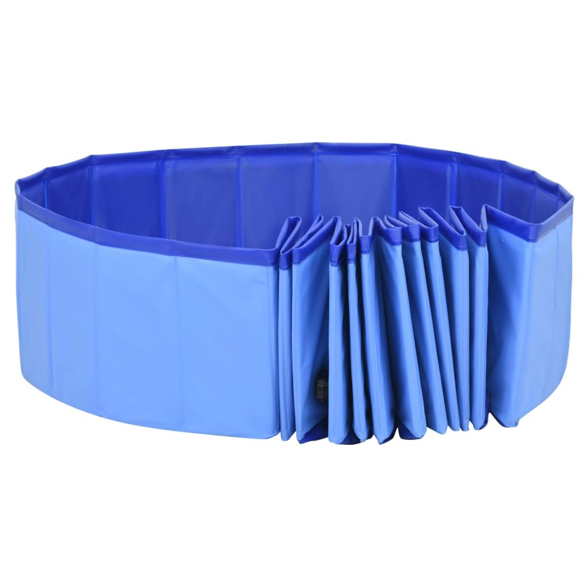 Blauer zusammenklappbarer Haustierpool, offen und rund, mit blauem Rand und Falten.
