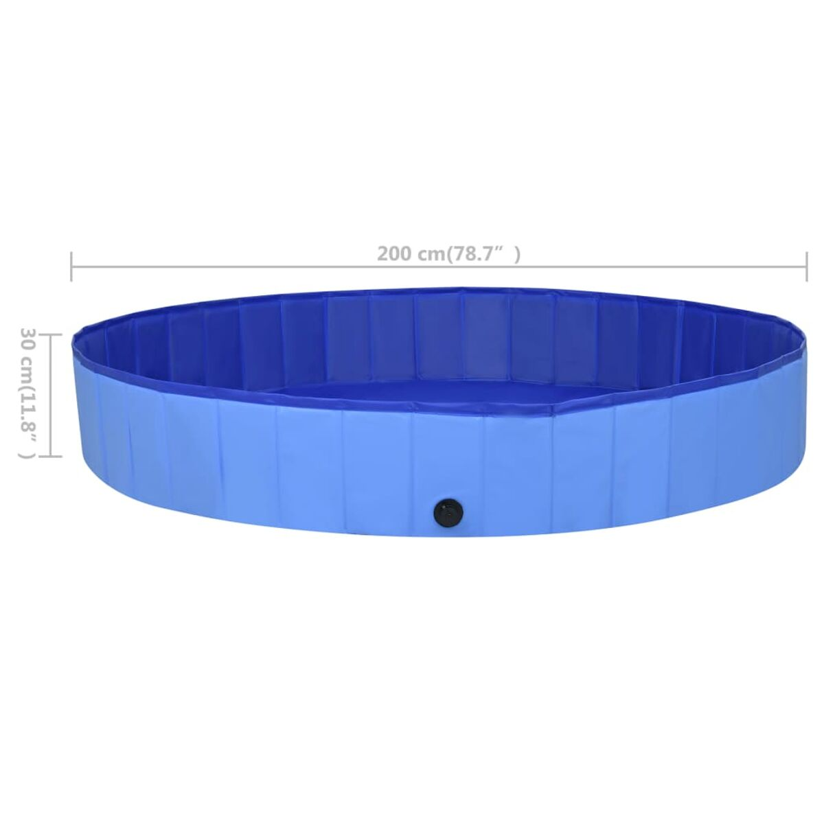Blauer, oval geformter oberirdischer Pool mit Abmessungen in cm und Zoll.