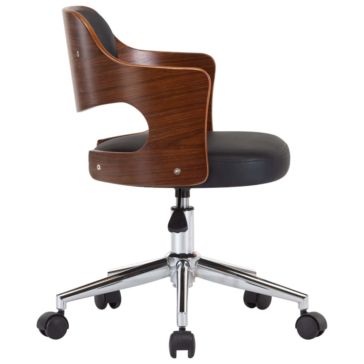 Ein Bürostuhl aus Holz mit schwarzem Sitz und Rücken. Das Gestell ist verchromt, mit Rollen.