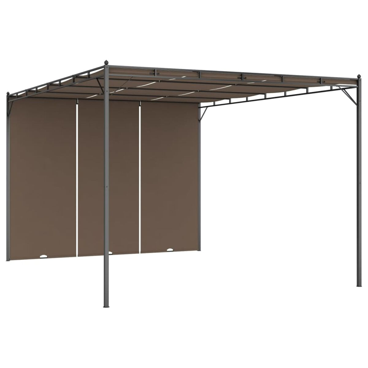 Braune Outdoor-Pergola mit Stoffbahnen.