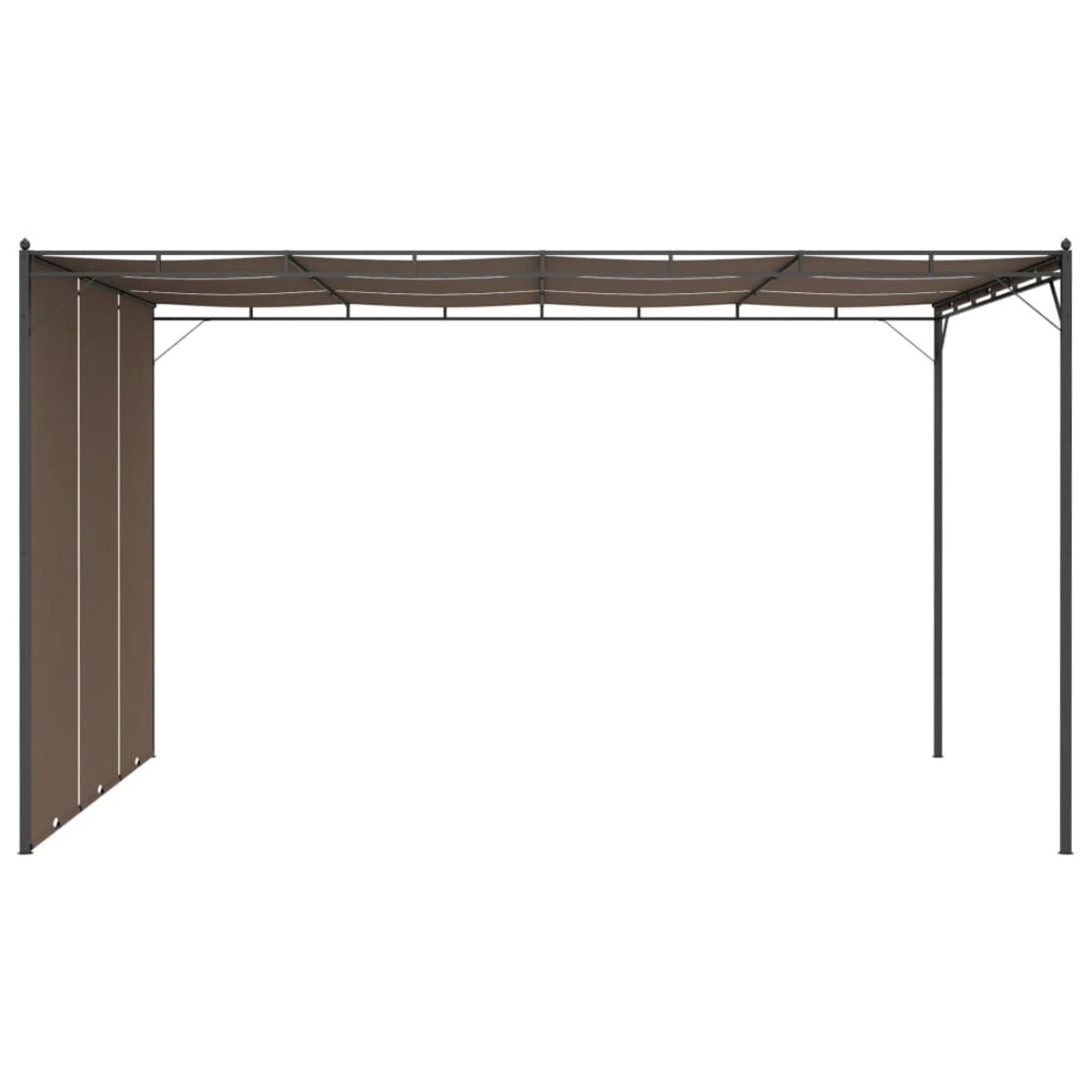 Braune Pergola mit Stoffdach und schwarzem Rahmen. Es ist auf weißem Hintergrund.