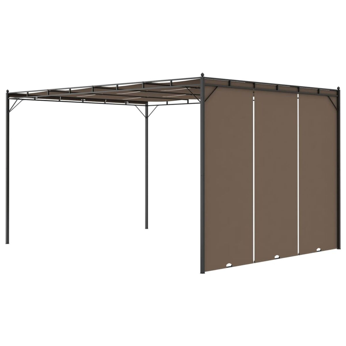 Braune Pergola mit schwarzem Rahmen. Braune Stoffvorhänge hängen von der oberen Struktur.