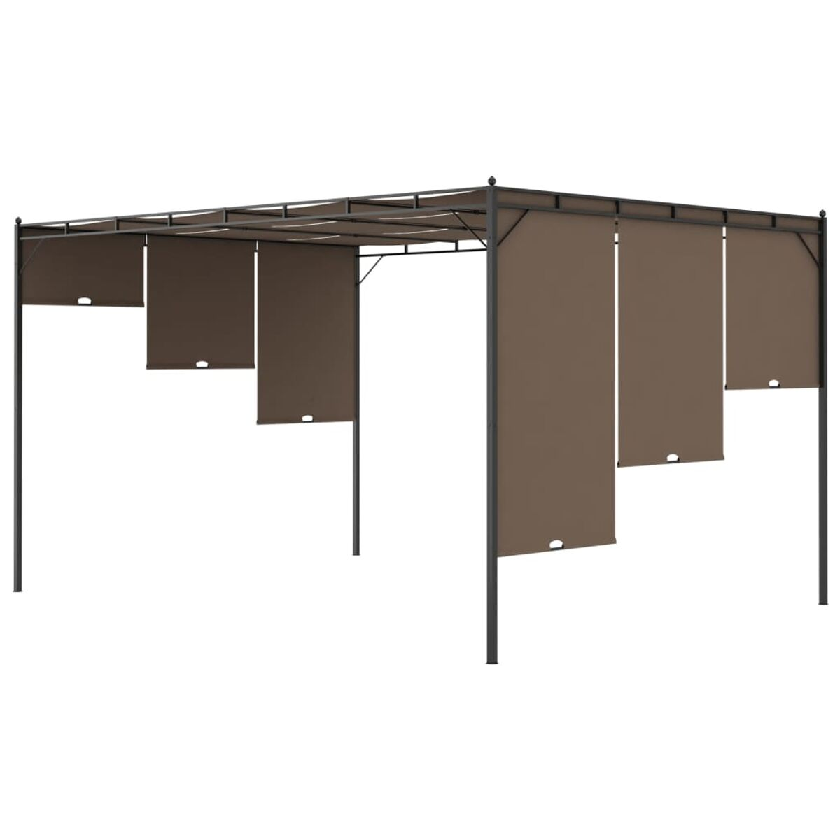 Braune Pergola mit braunen Hängevorhängen auf weißem Hintergrund.
