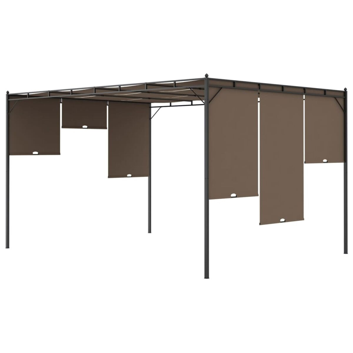 Braune Pergola mit Stoffschatten und dunklem Metallrahmen.