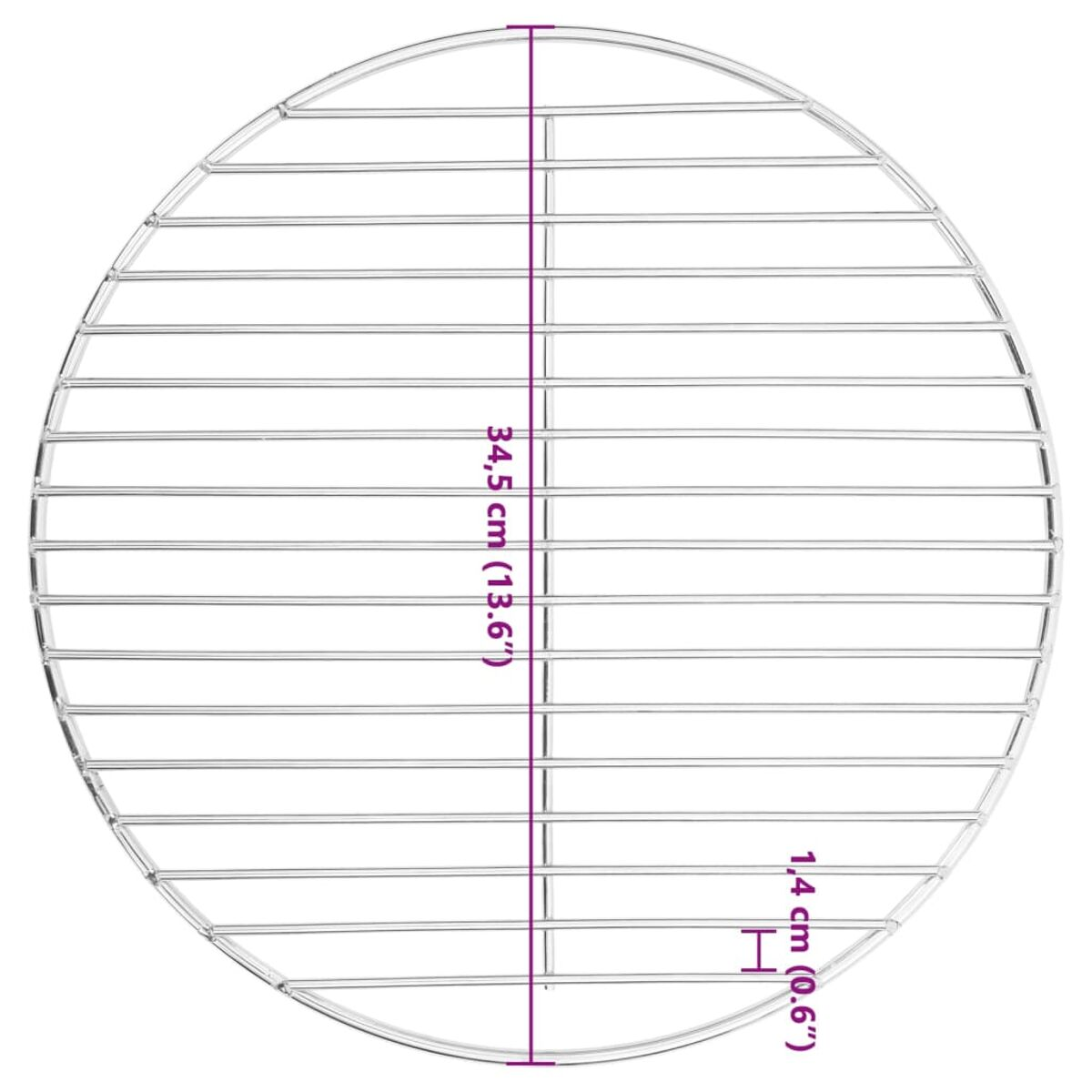 Runder Metallgrill mit Abmessungen: 34,5 cm (13,6 Zoll), 1,4 cm (0,6 Zoll).