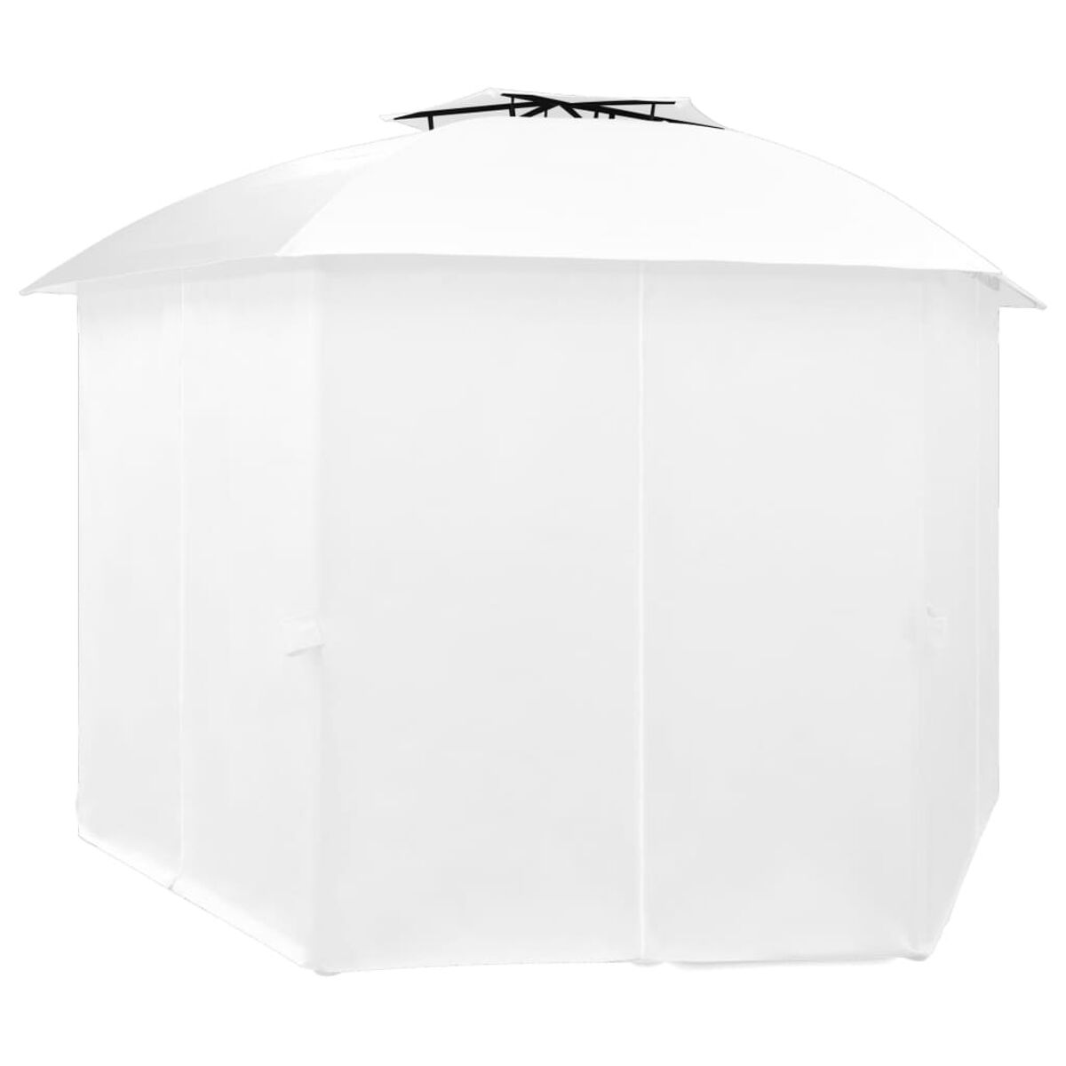 Weißer Pavillon mit spitzem Dach und weißen Vorhängen.