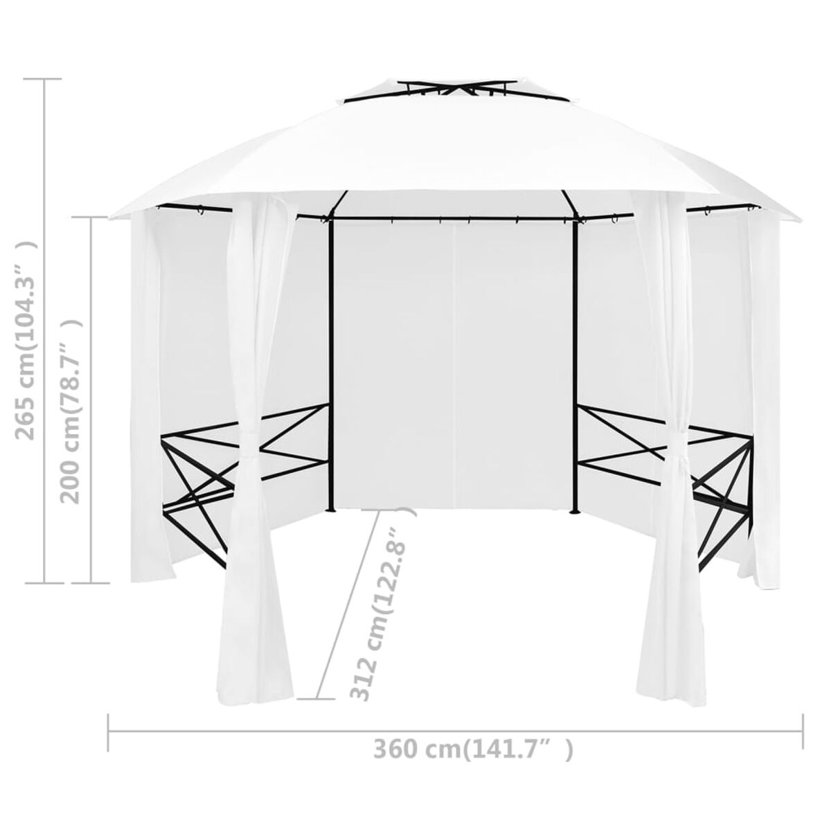 Ein großer weißer Pavillon mit Vorhängen, getragen von schwarzen Metallrahmen. Abmessungen angegeben.