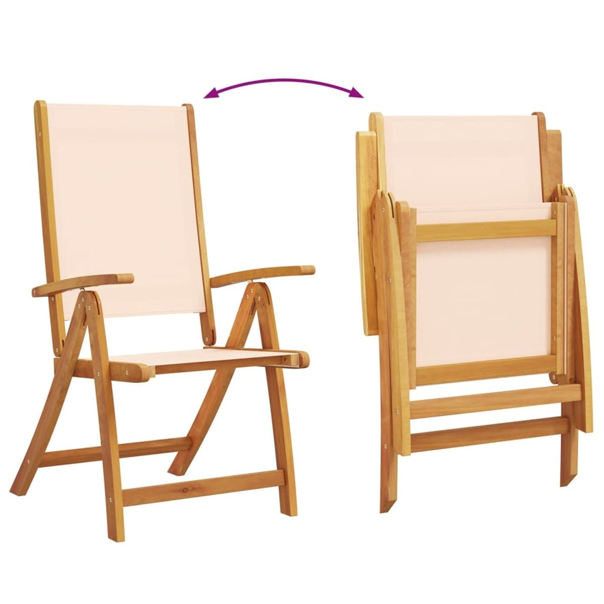 Ein Holzklappstuhl, gefaltet und entfaltet dargestellt. Er hat eine hellfarbige Stoffbespannung.