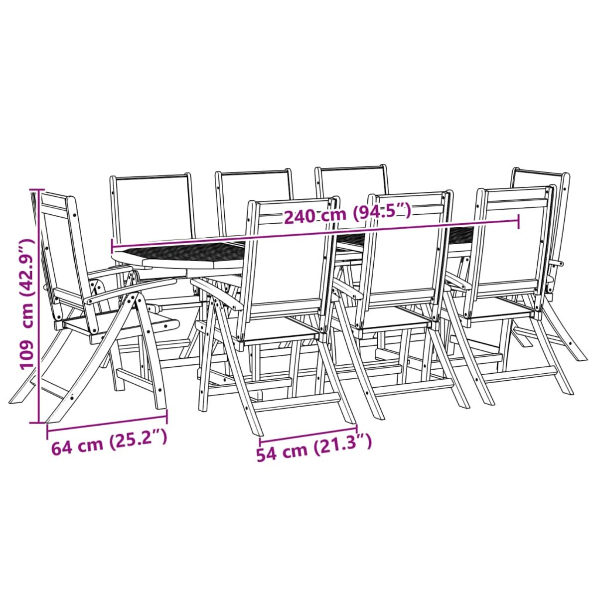 Una mesa con sillas, dimensiones etiquetadas. La configuración incluye una mesa oscura y sillas plegables.
