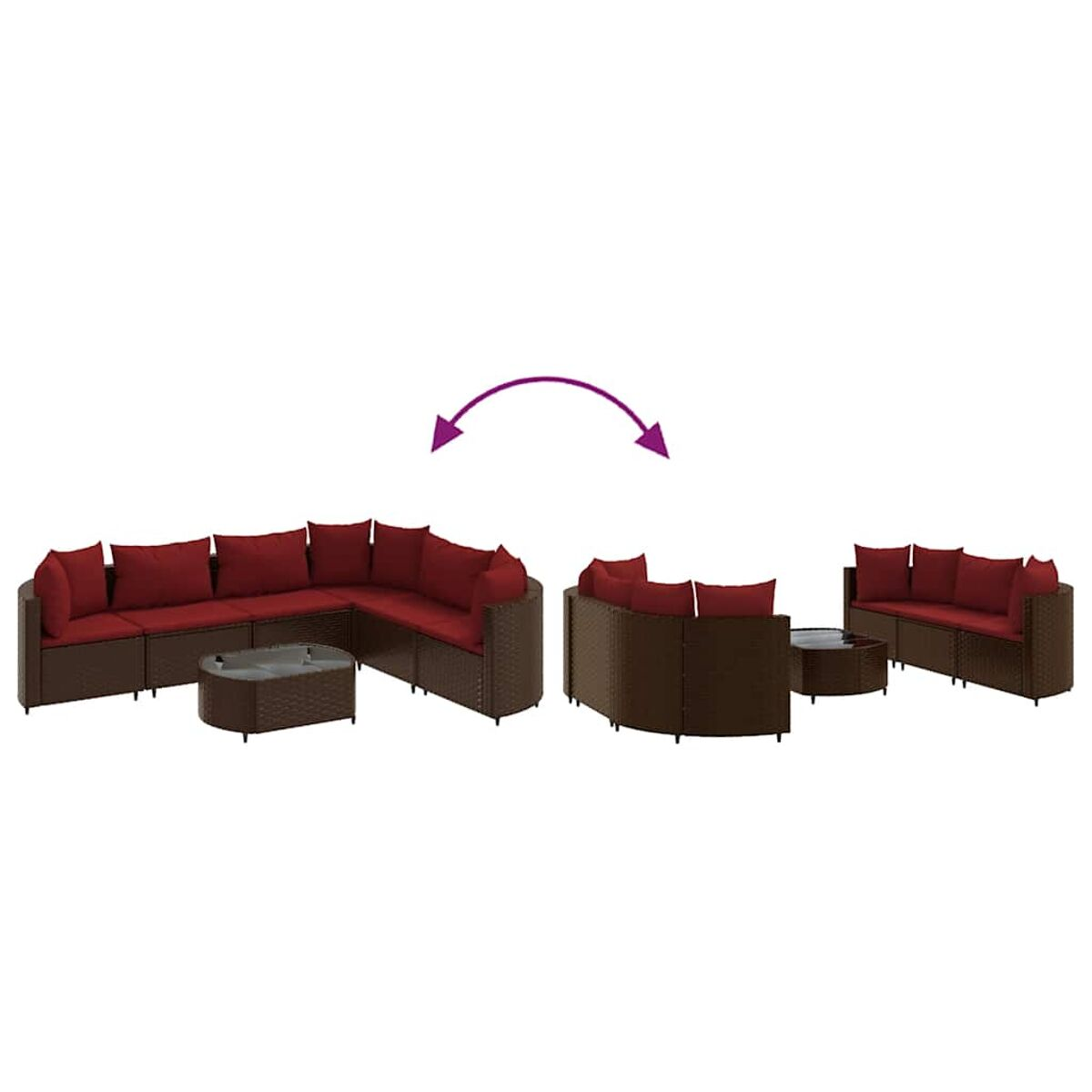 Set divano in vimini marrone, layout convertibile con cuscini rossi.