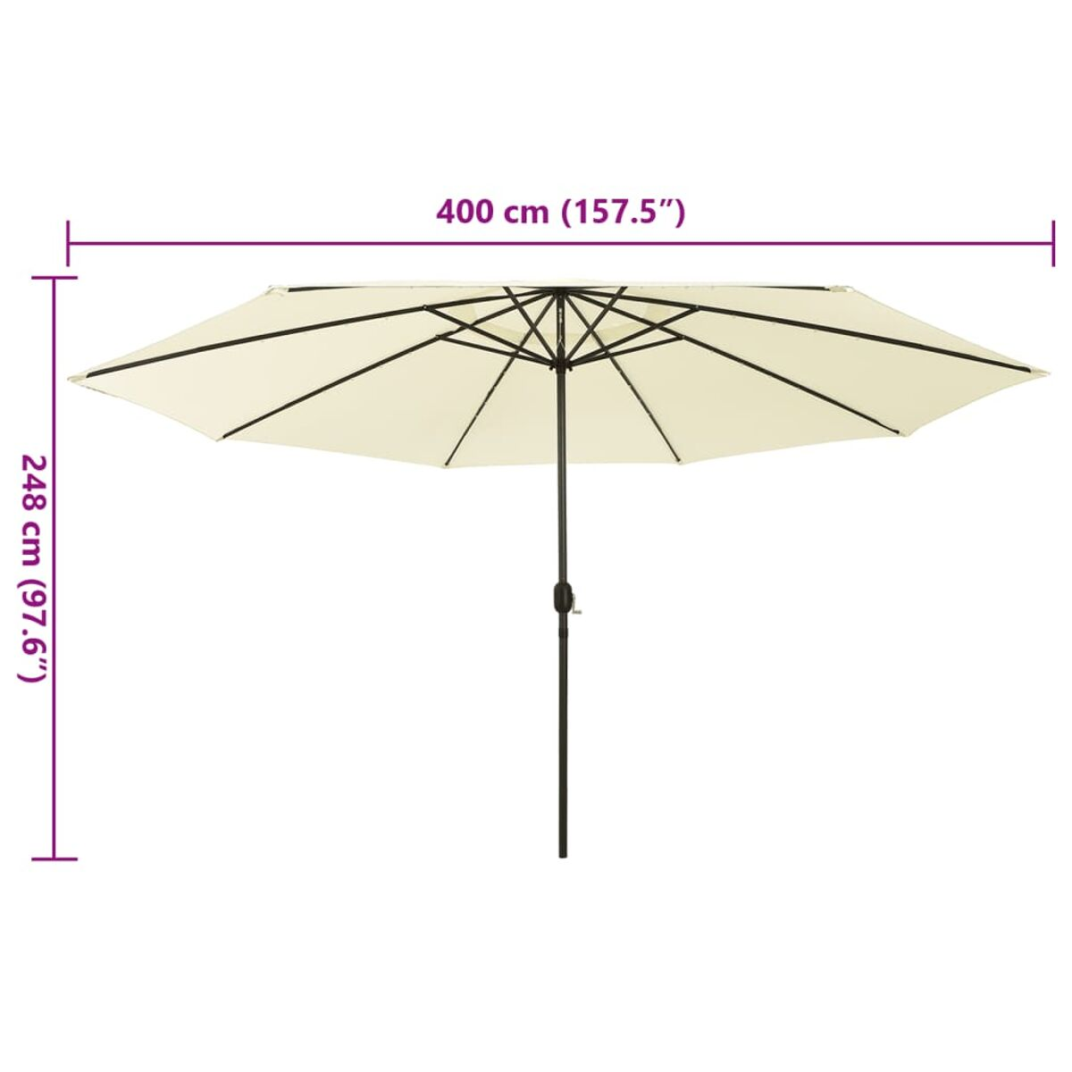 Ein großer, offener cremefarbener Schirm. Abmessungen: 400 cm (157,5 Zoll) und 248 cm (97,6 Zoll).