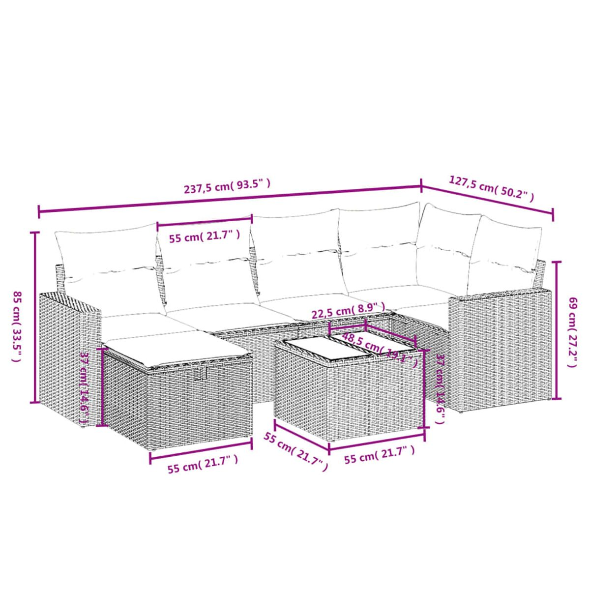 L-förmiges Rattan-Sofa mit Maßangaben, weißer Hintergrund.