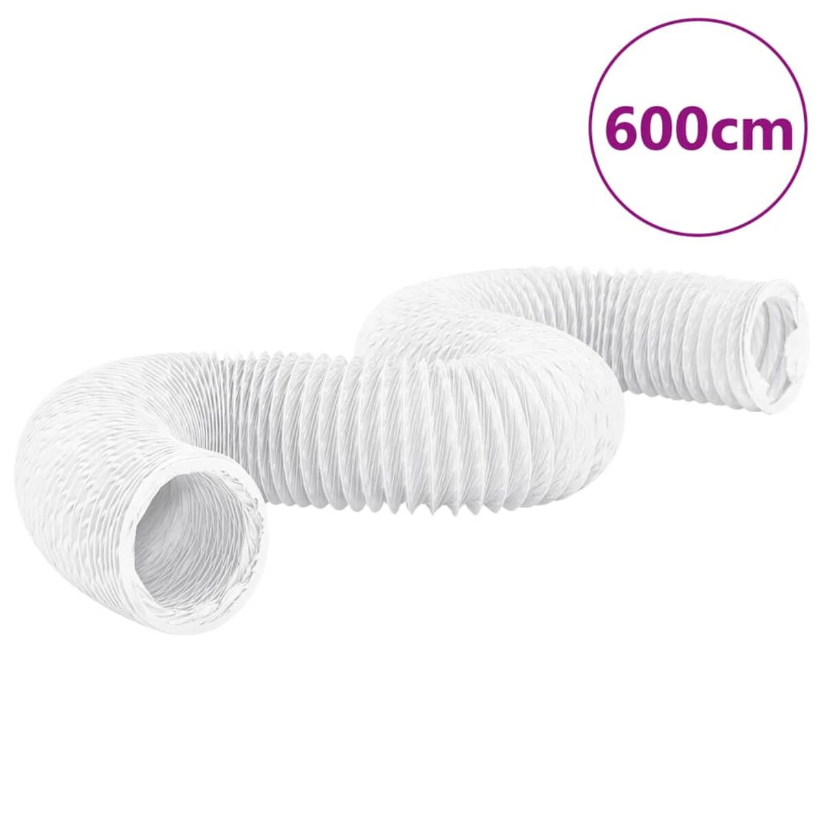 Weißes, flexibles, gewelltes Kunststoffrohr, gewellt, mit 600cm Textetikett.