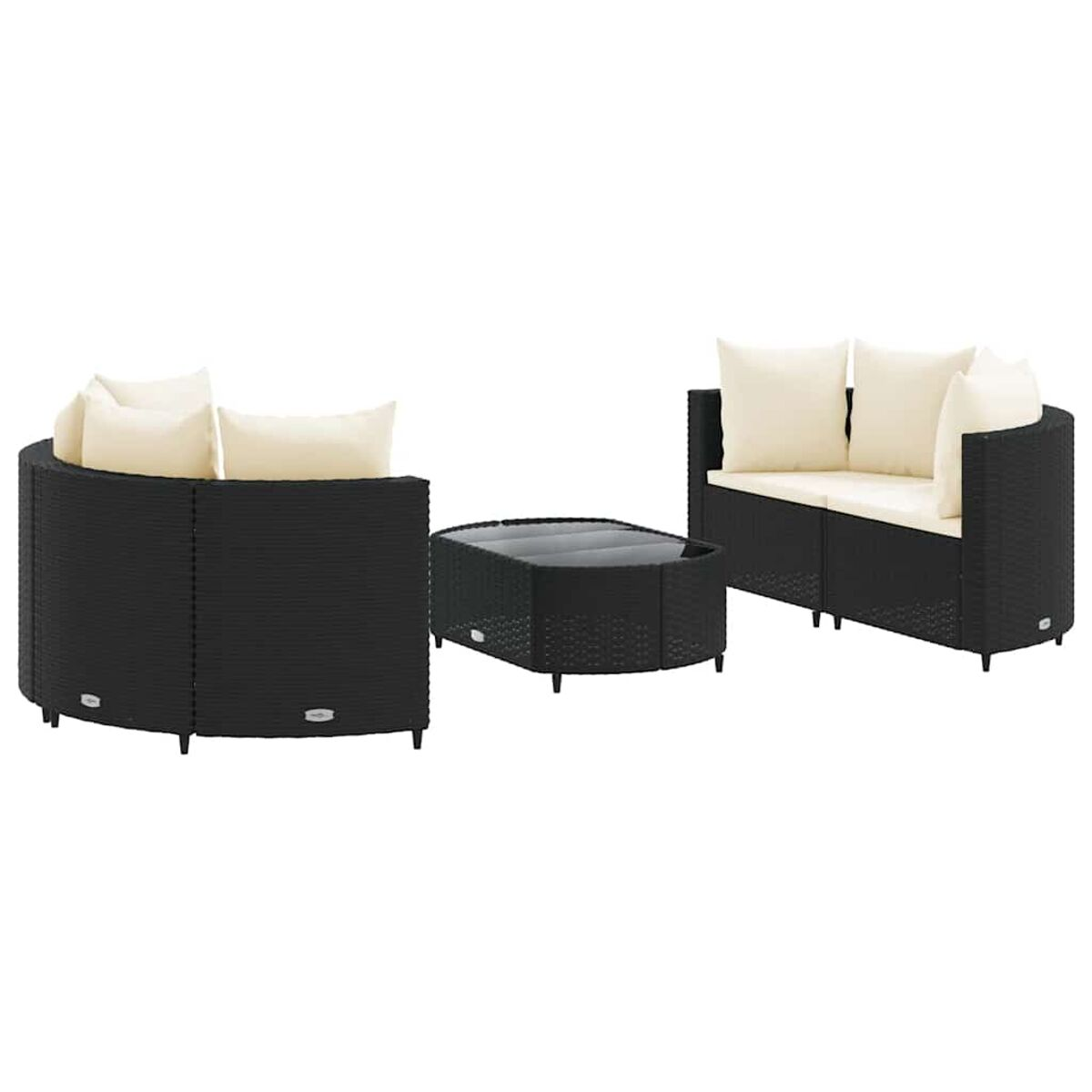 Set divano da esterno nero con cuscini bianchi e tavolino nero. Sfondo bianco.
