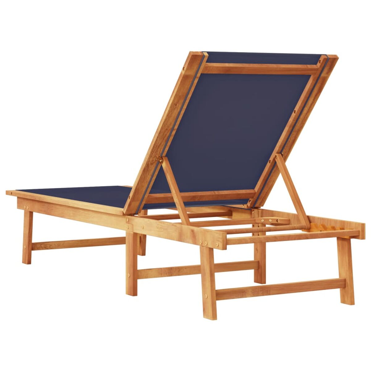 Lettino prendisole in legno per esterni con tessuto blu. Lo schienale è regolabile.