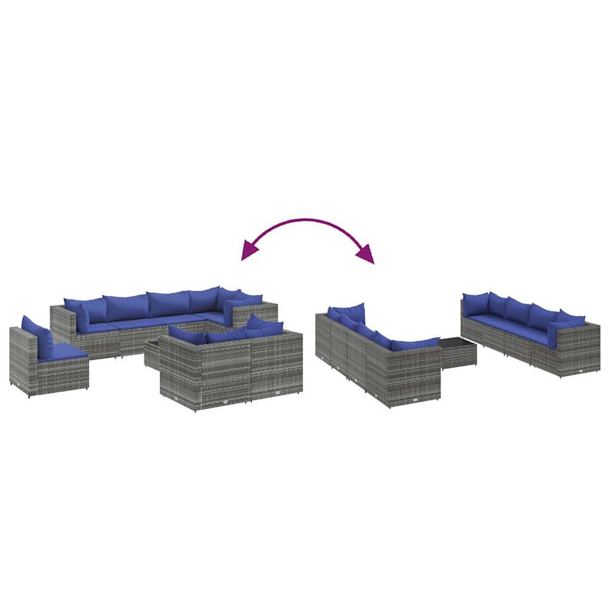 Modulares Outdoor-Sofaset. Verschiedene Konfigurationen mit blauen Kissen, mit Pfeil dargestellt.