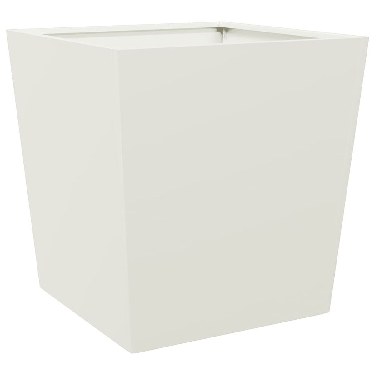 Weißer quadratischer Pflanzkübel. Es ist ein modernes Design mit leicht konischer Form. Der Hintergrund ist weiß.