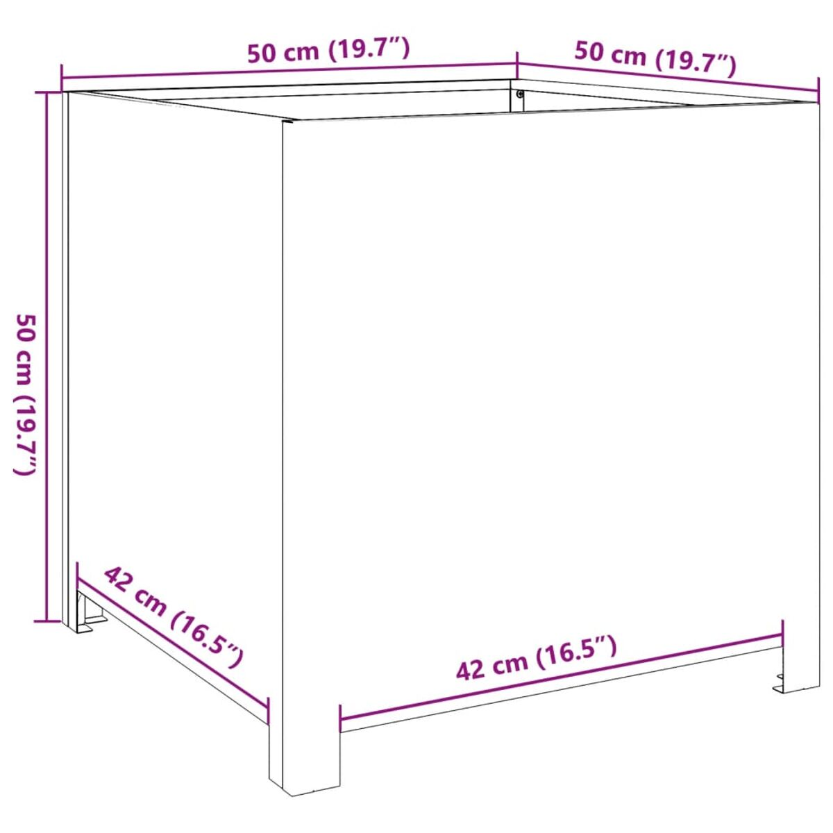 Un mobile bianco con dimensioni. Ha una forma quadrata e viene mostrato frontalmente e lateralmente.