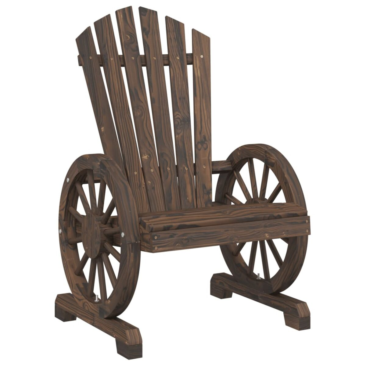 Dunkelbrauner Holzstuhl mit Wagenrad. Verfügt über eine Lattenlehne und Sitzfläche. Räder sichtbar.