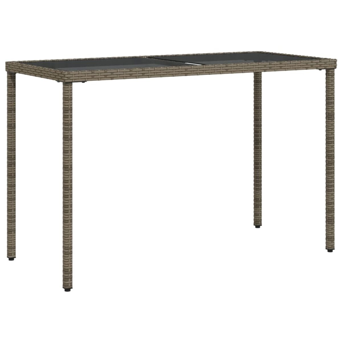 Rechteckiger Outdoor-Tisch aus Korbgeflecht mit Glasplatte. Brauner Rahmen mit schwarzen Beinen. Weißer Hintergrund.
