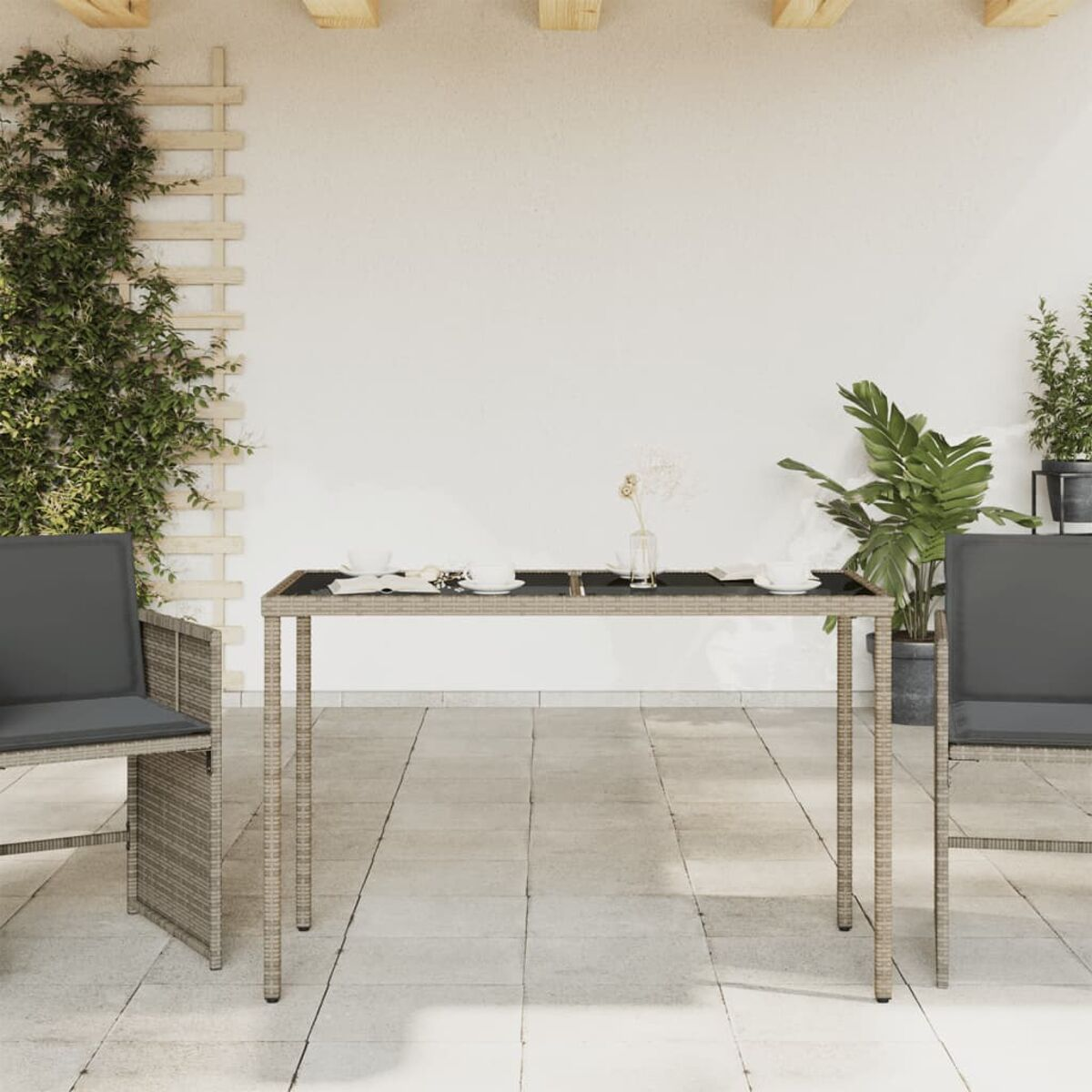 Terrasseneinstellung mit Tisch, zwei Stühlen und einer Kletterpflanze an der Wand.