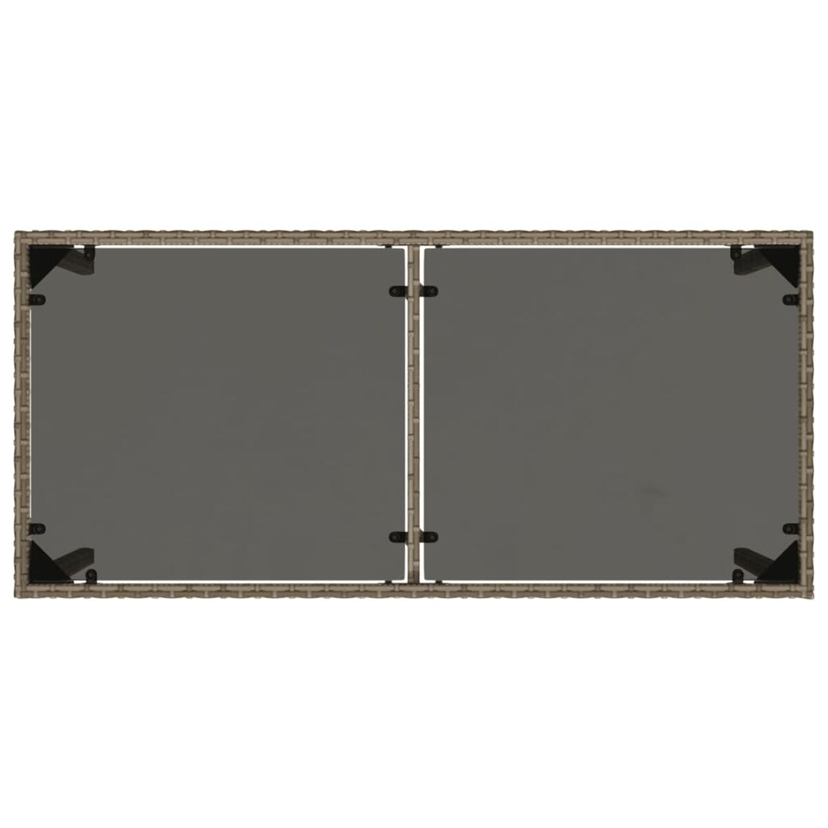 Draufsicht auf einen rechteckigen Outdoor-Tisch aus gewebtem Material, gestützt von schwarzen Eckwinkeln.