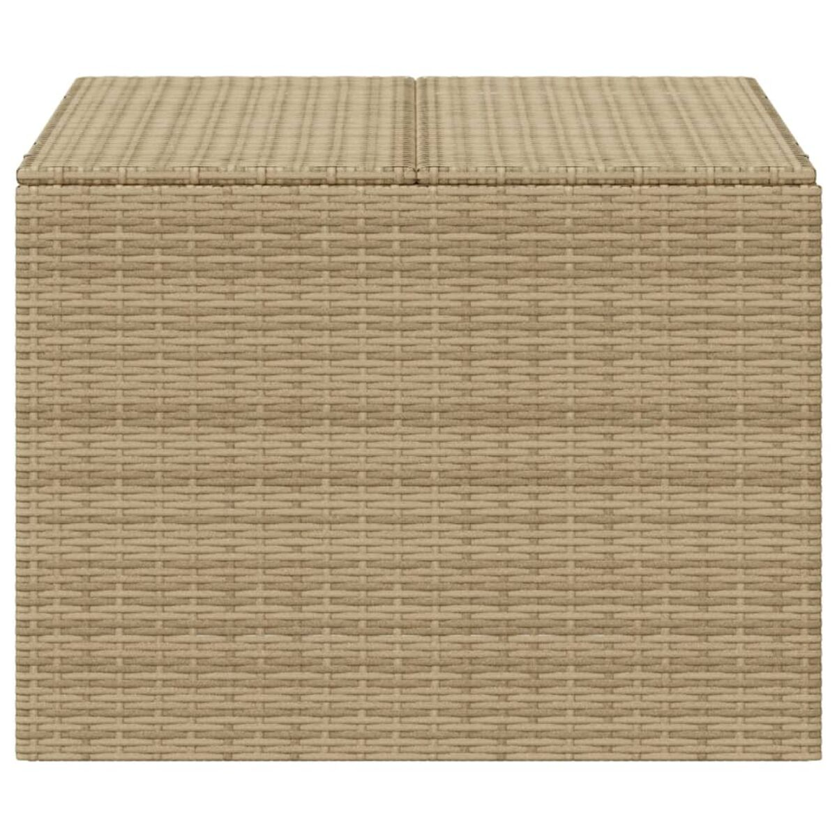 Eine beige gewebte Aufbewahrungsbox mit Deckel, aus der Vogelperspektive betrachtet.