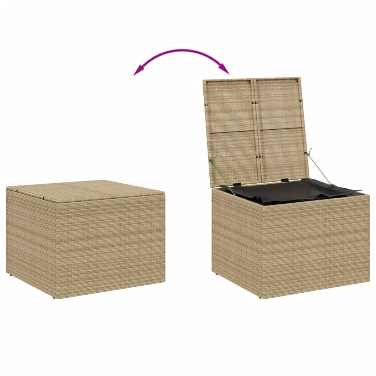 Korb-Aufbewahrungsbox, offen und geschlossen. Deckel wird angehoben. Beige Farbe. Weißer Hintergrund.