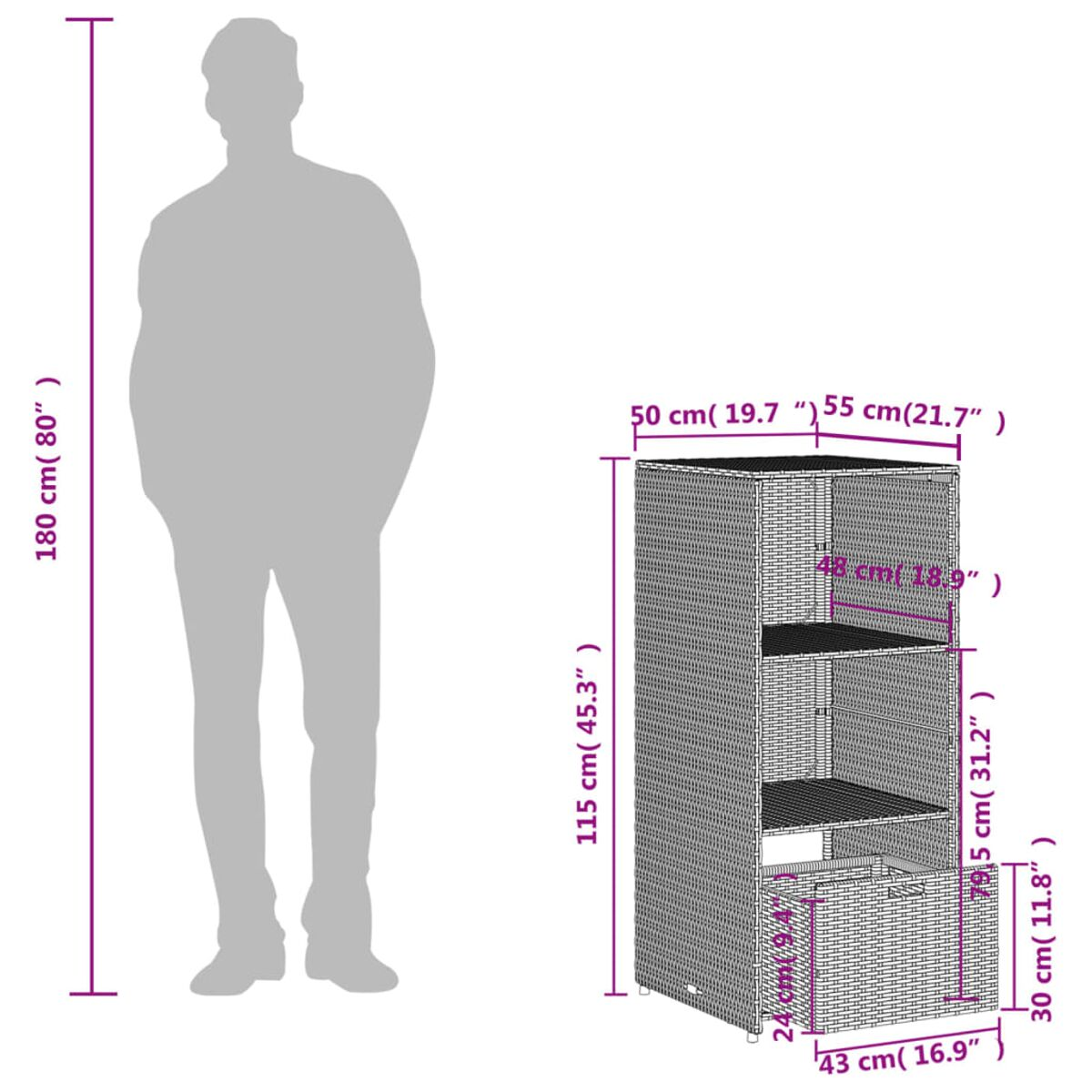 Eine Person neben einem Weidenholzschrank mit Abmessungen, Größenvergleich zeigend.