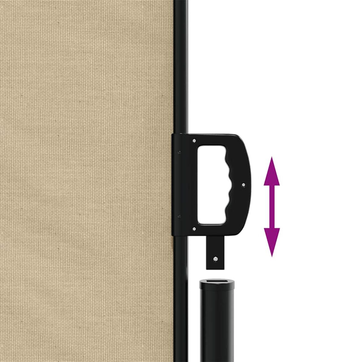 Beige ausziehbare Leinwand. Schwarzer Griff und Pfosten. Pfeil zeigt die Bewegungsrichtung.