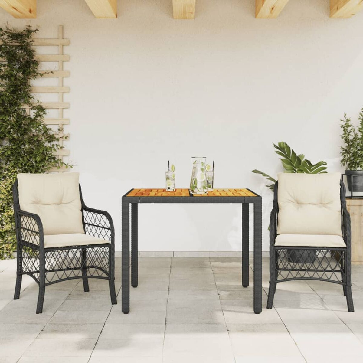 Terrasseneinrichtung mit Tisch und Stühlen. Weiße Wand im Hintergrund, grüne Kletterpflanze links.