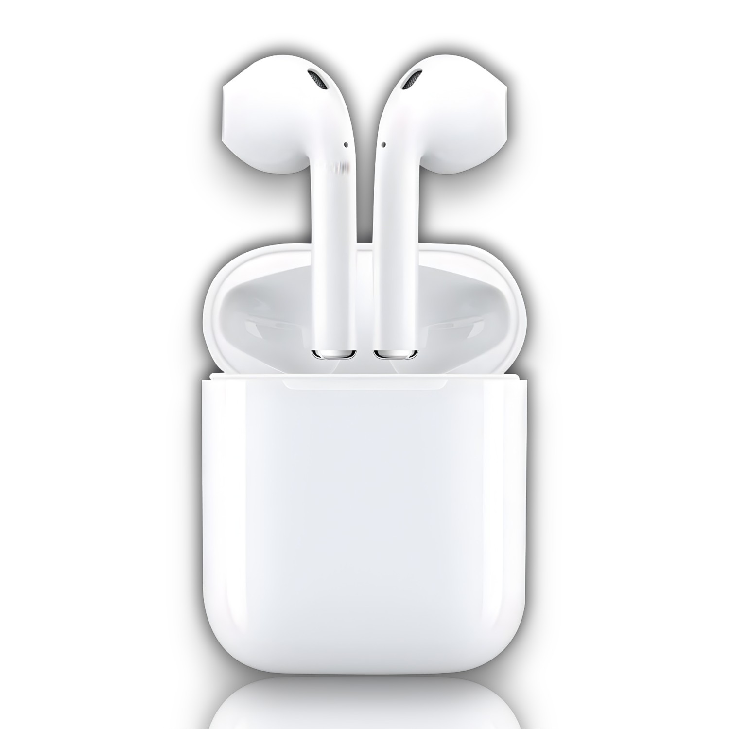 Auriculares inalámbricos blancos, colocados dentro de su estuche de carga, sobre un fondo blanco.