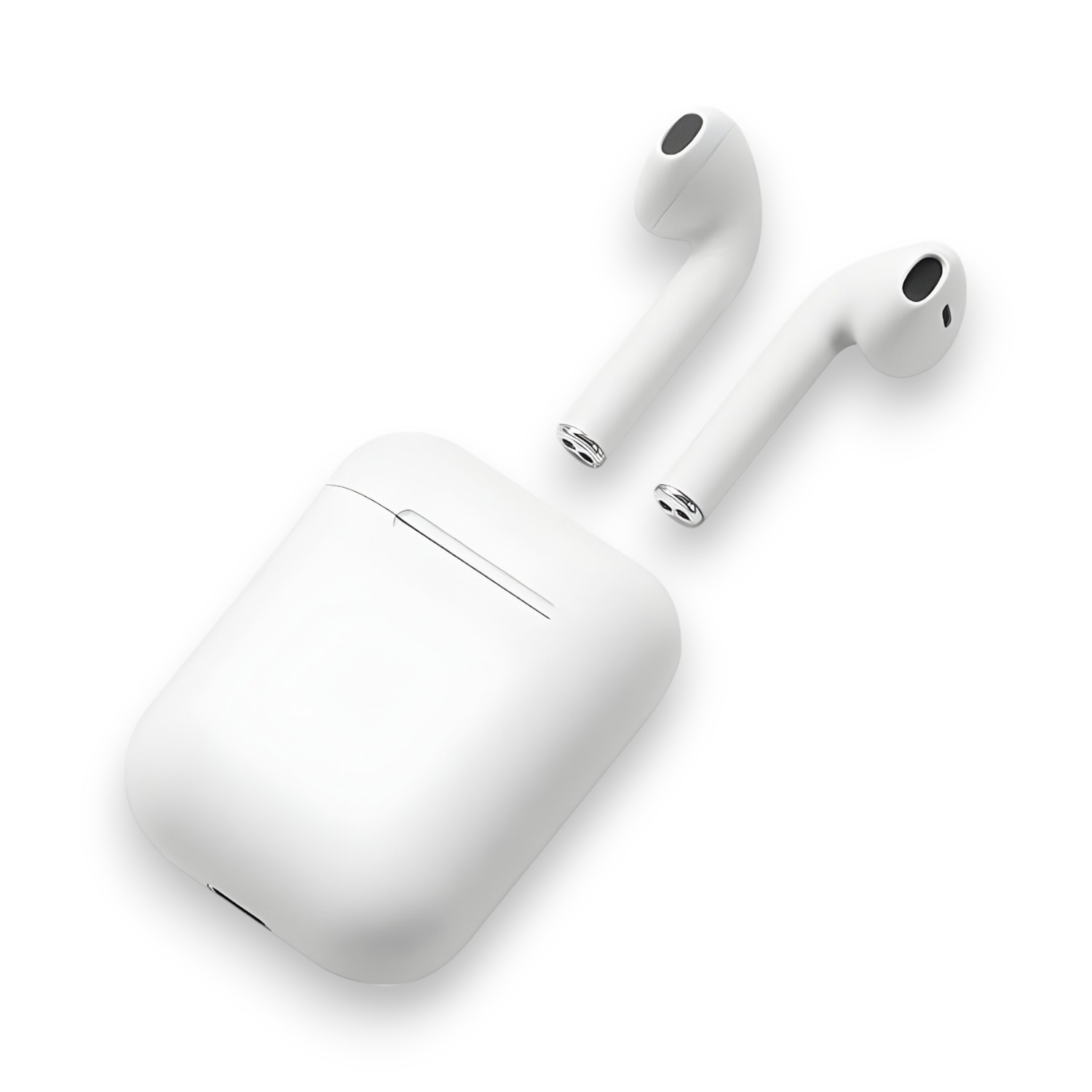 Auriculares inalámbricos blancos y un estuche de carga blanco, sobre fondo blanco.