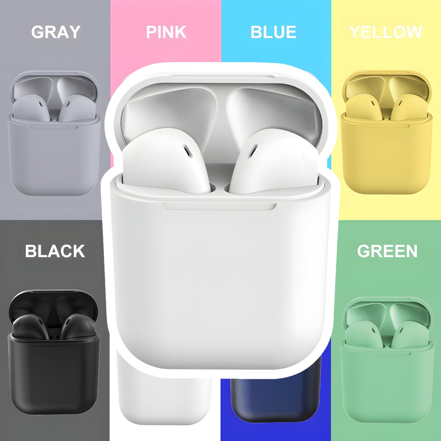 Auriculares en diferentes colores: gris, rosa, azul, amarillo, negro y verde, cada uno en su estuche de carga.
