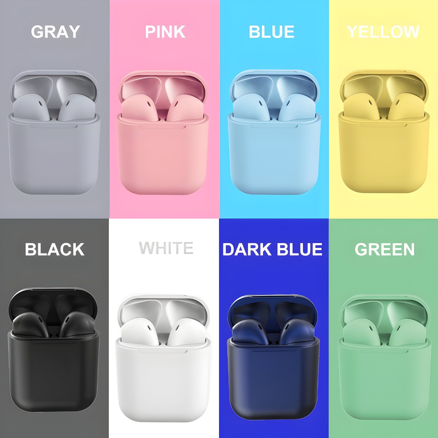 Auriculares en varios colores dentro de sus estuches: gris, rosa, azul, amarillo, negro, blanco, azul oscuro y verde.
