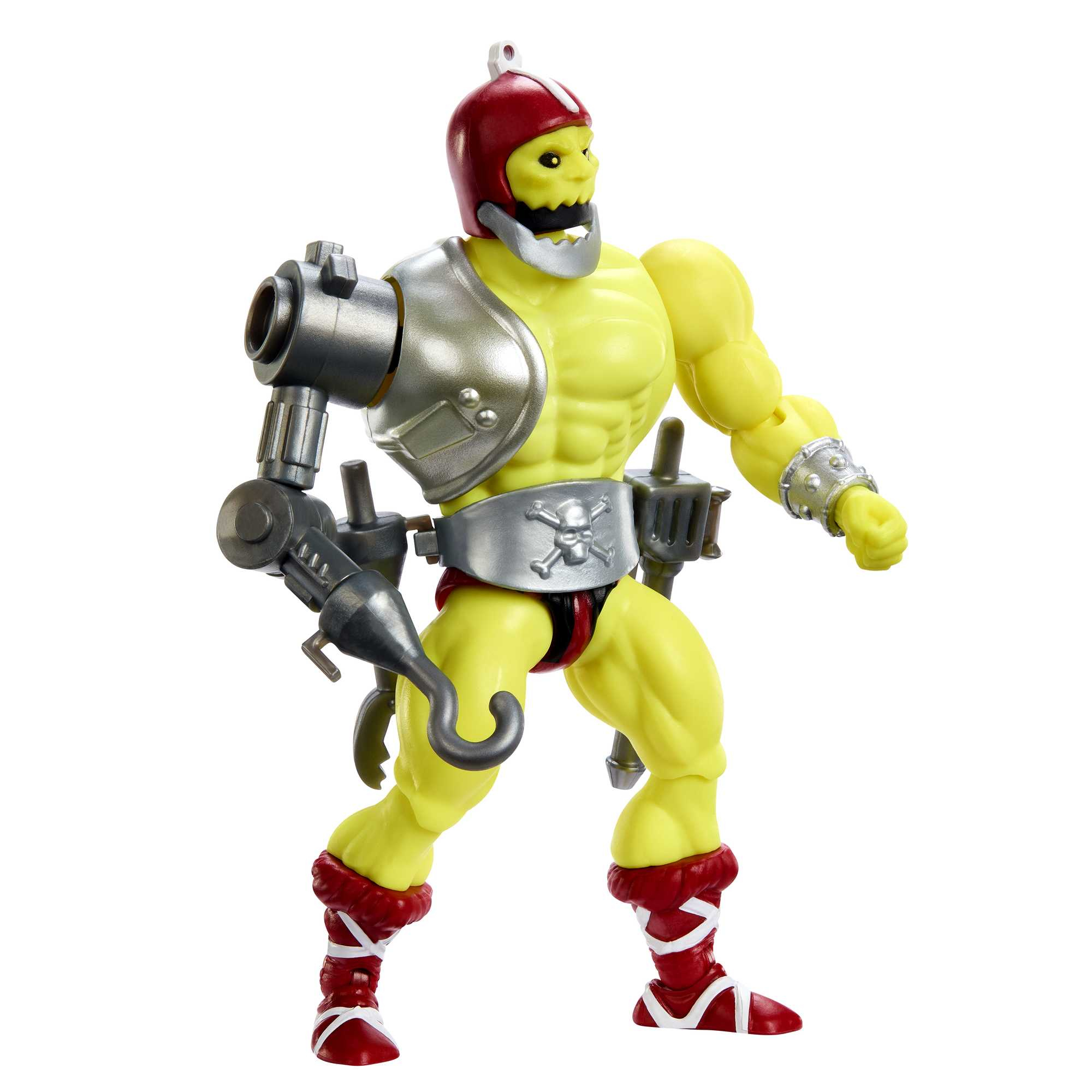 Figurka żółtej istoty z czerwonym hełmem, srebrną zbroją i hakiem.