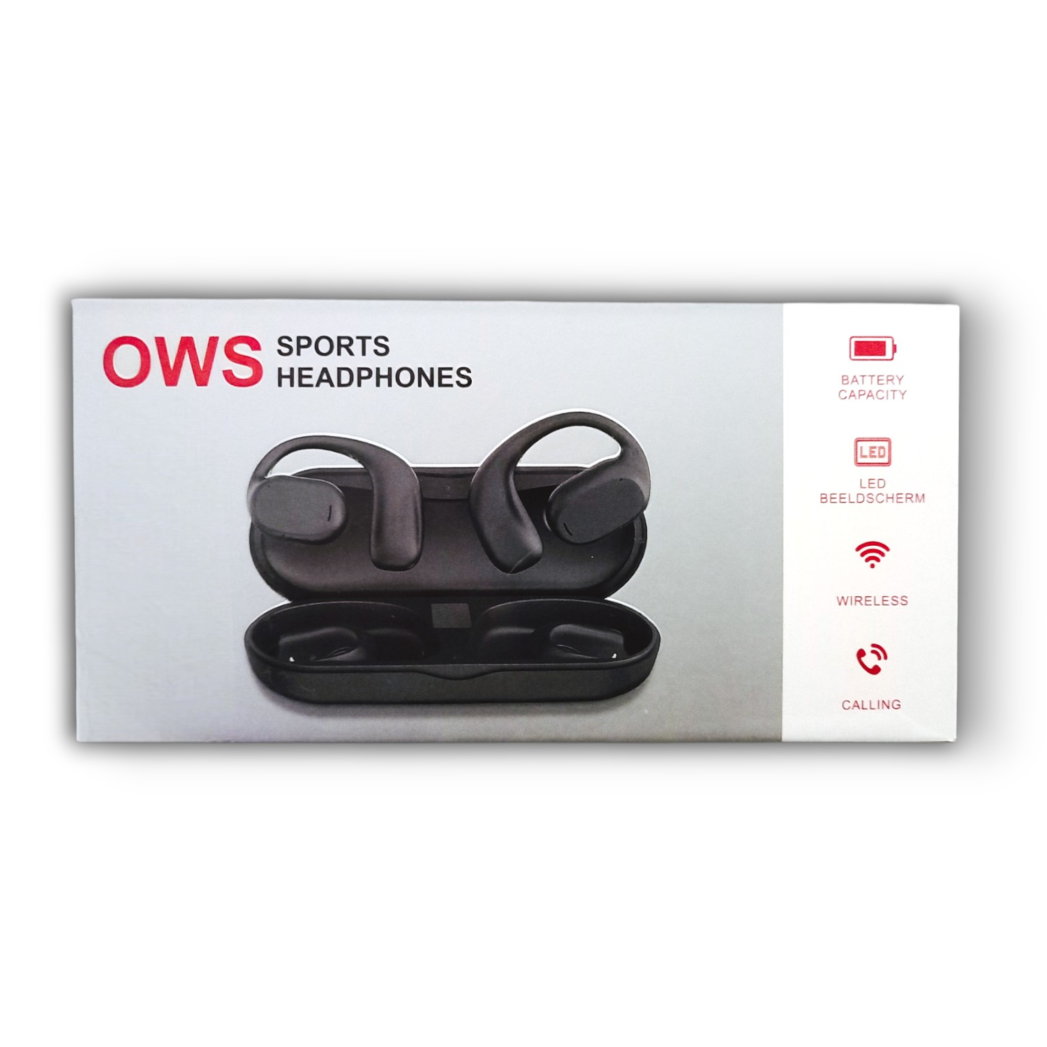 Caja de auriculares deportivos OWS, con estuche de carga y funciones inalámbricas.