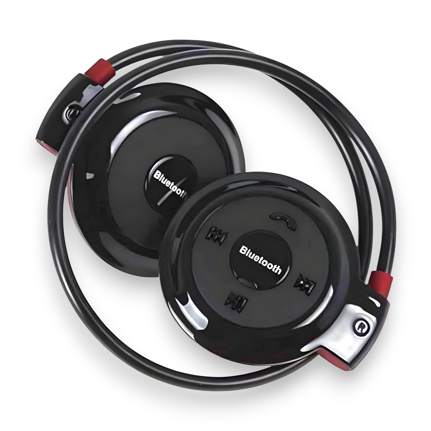 Auriculares Bluetooth negros con detalles rojos, sobre fondo blanco.