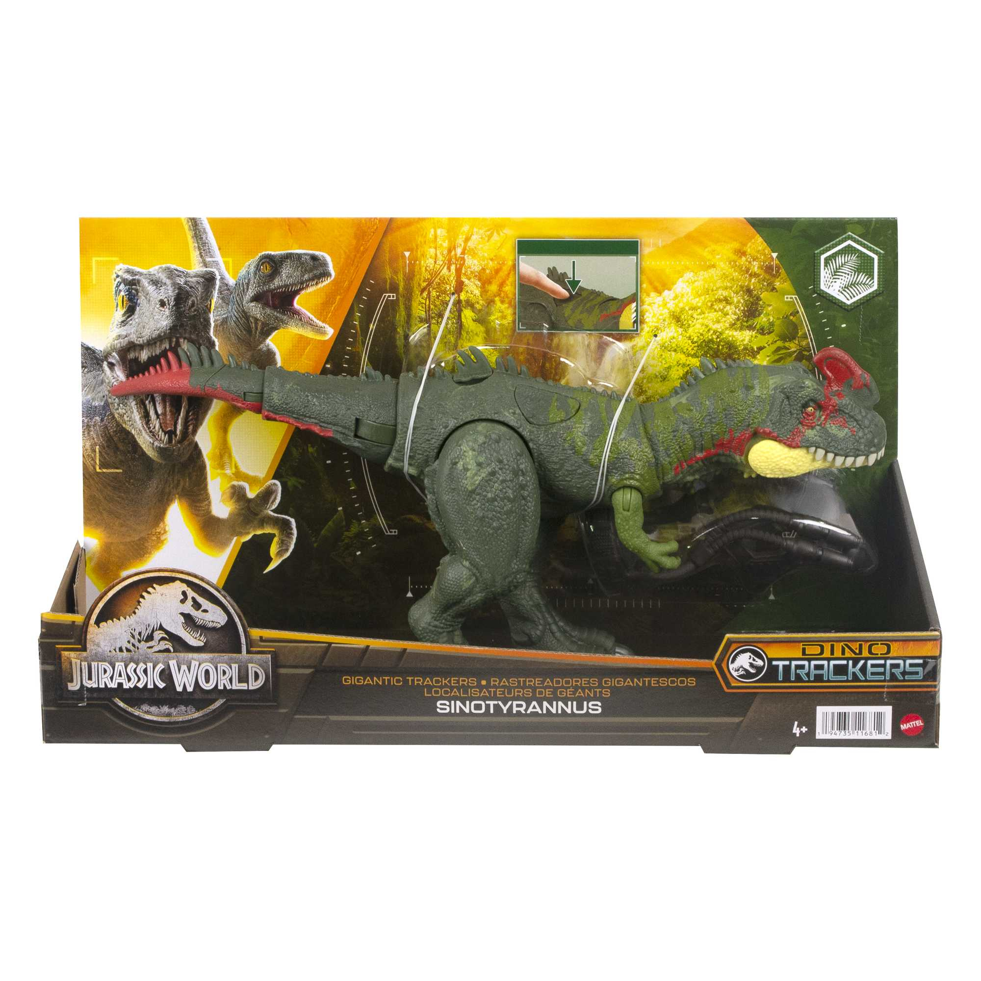 Giocattolo di Jurassic World: Dinosauro Sinotyrannus verde in una scatola. Giocattolo dinosauro.