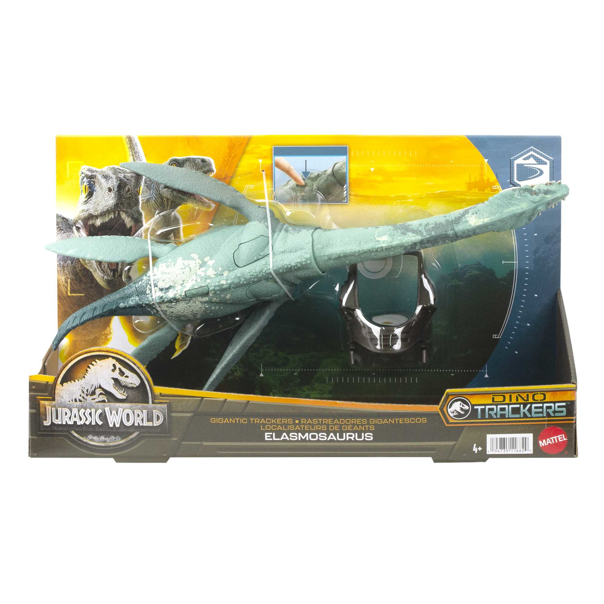 Un dinosauro giocattolo in una confezione. Il giocattolo è un dinosauro blu e grigio.