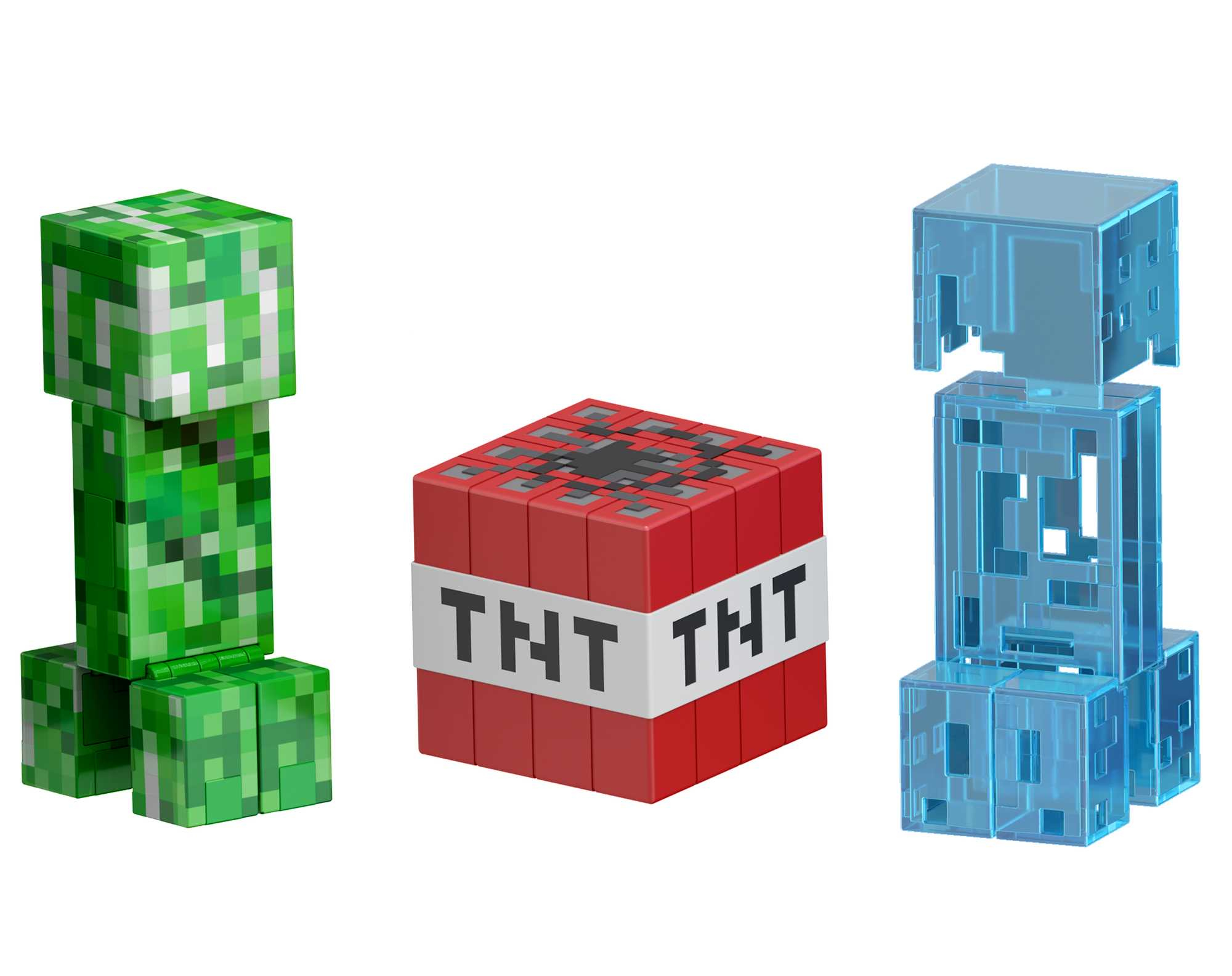 Trzy figurki z gry Minecraft: Creeper, blok TNT i przezroczysta figurka, wszystkie na białym tle.