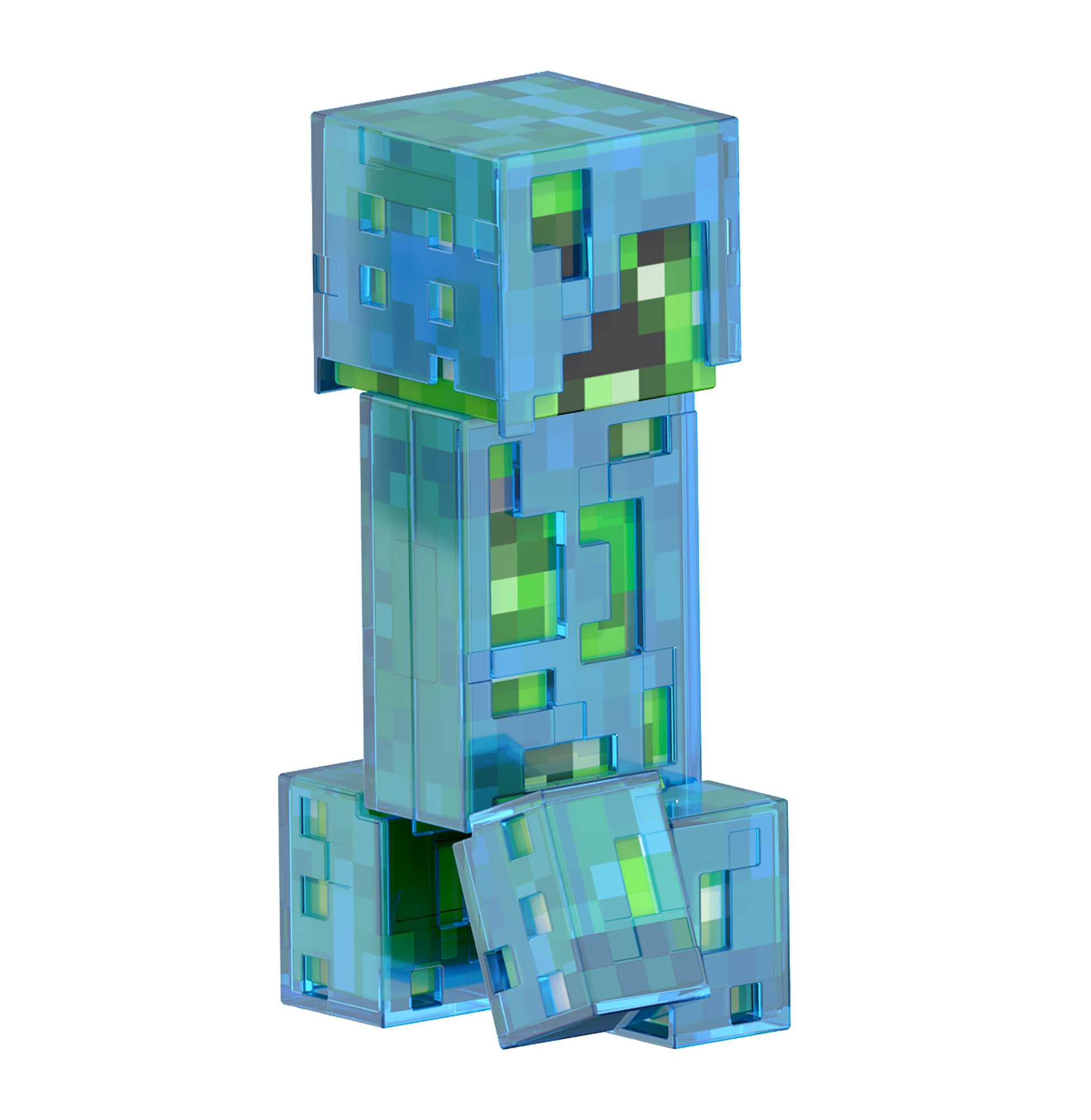 Figurka Creeper z Minecraft. Przezroczysty niebieski i zielony kolor. Białe tło.