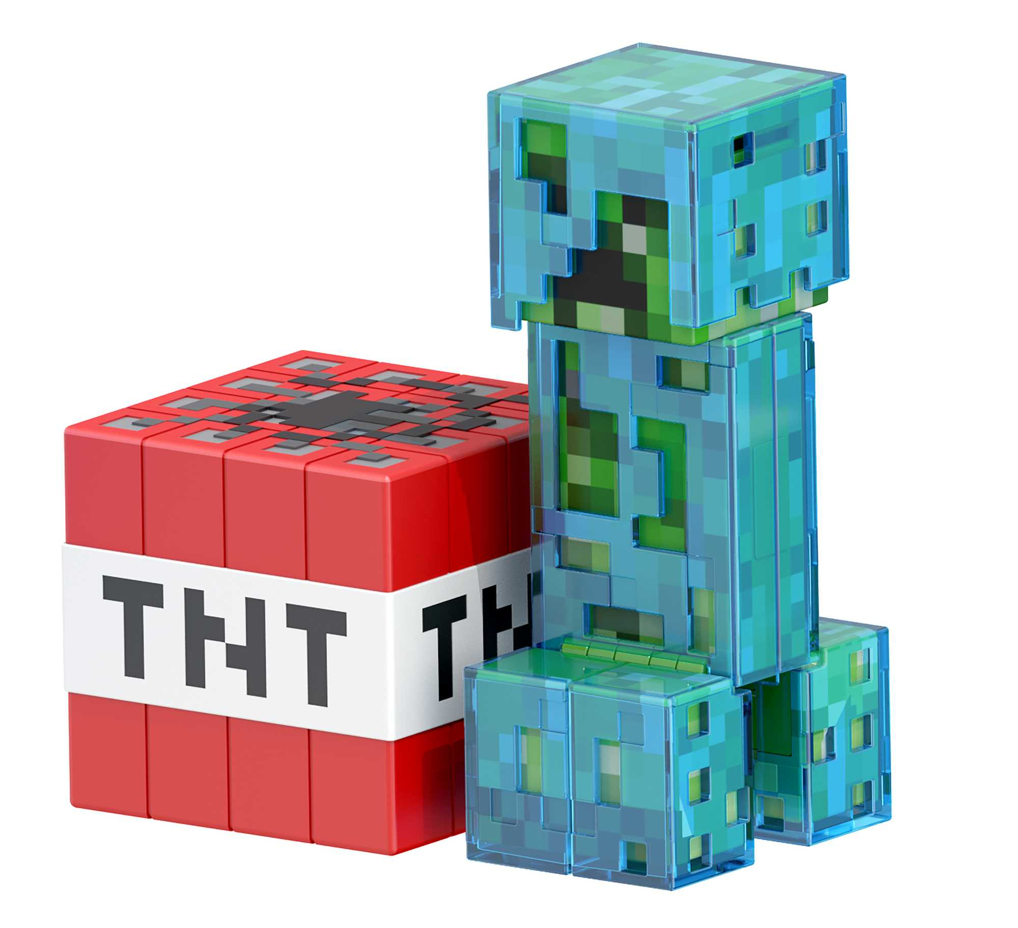 Zabawka Creeper z Minecraft i blok TNT. Creeper jest zielony i niebieski, TNT jest czerwony z białymi literami.