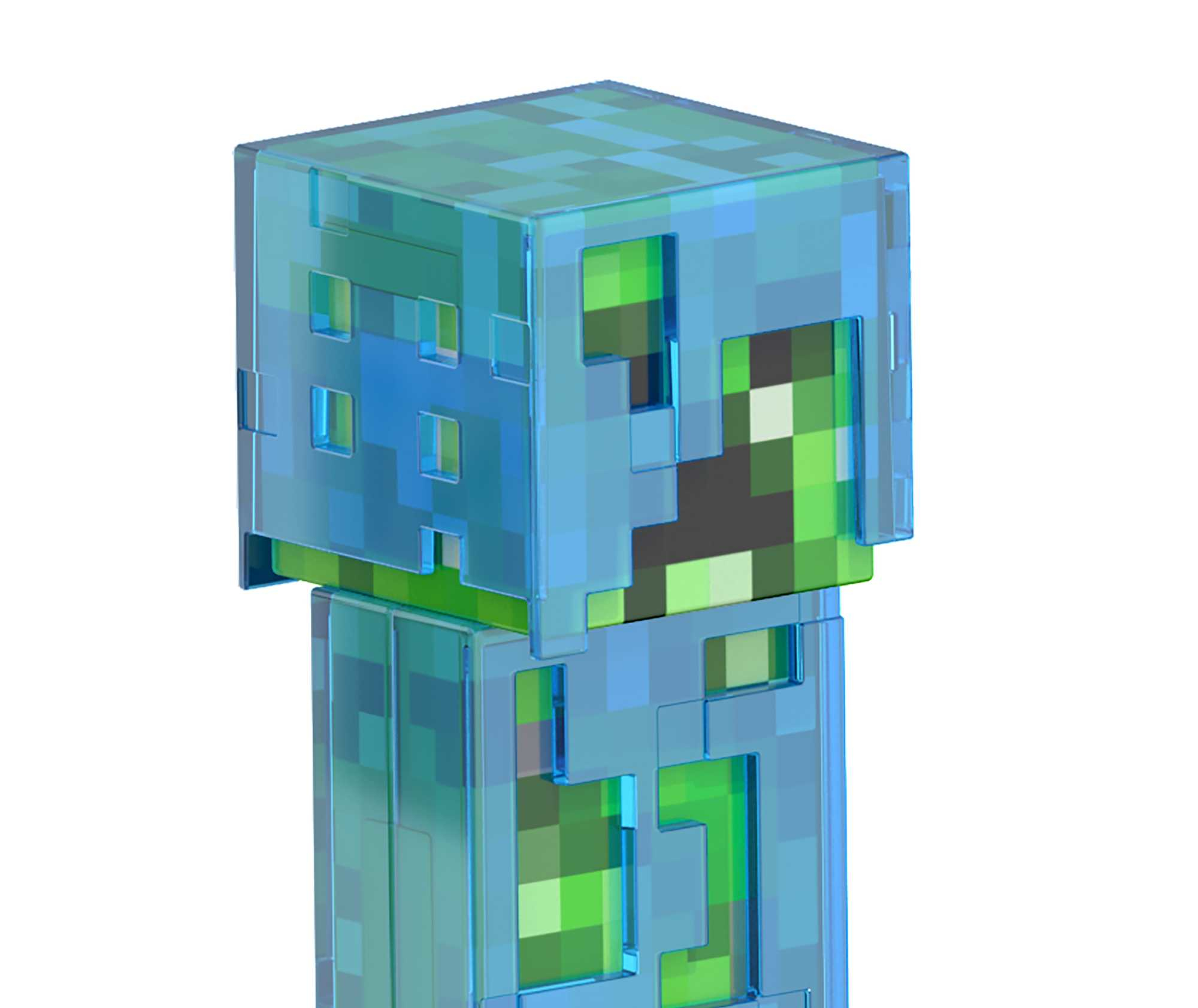 Niebiesko-zielona zabawka Minecraft Creeper. Białe tło. Styl kreskówkowy.