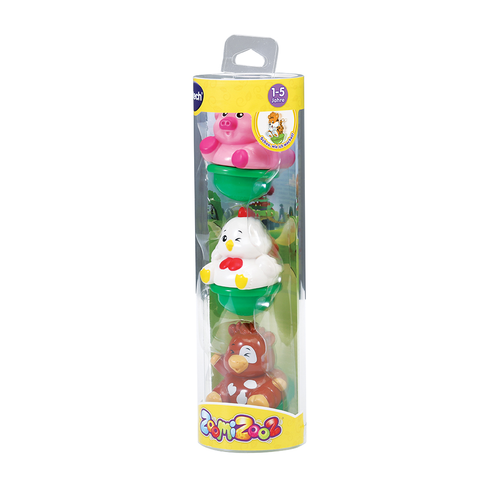 Ein Spielzeugset mit drei Tierfiguren: einem rosa Schwein, einem weißen Huhn und einem braunen Bären.