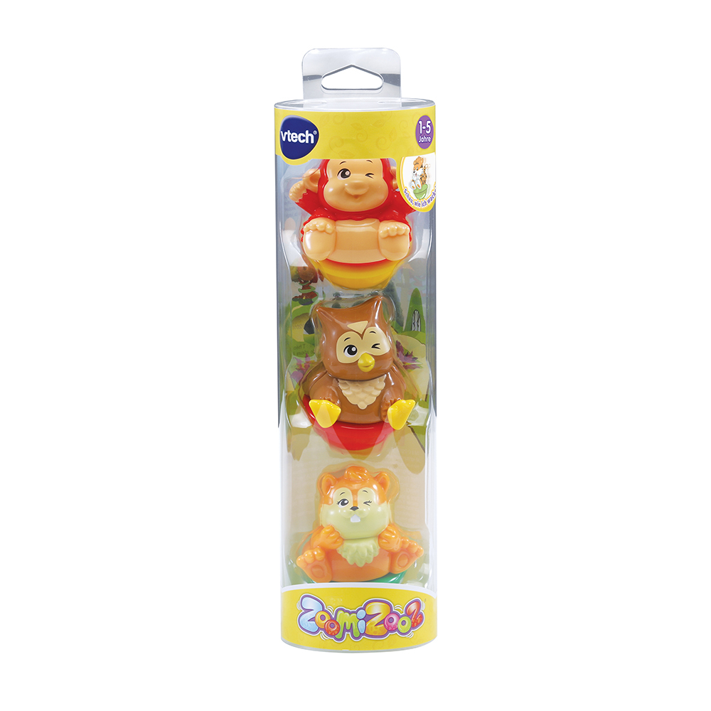 Eine Spielzeugverpackung mit drei Tierfiguren: einem Affen, einer Eule und einem Bären.