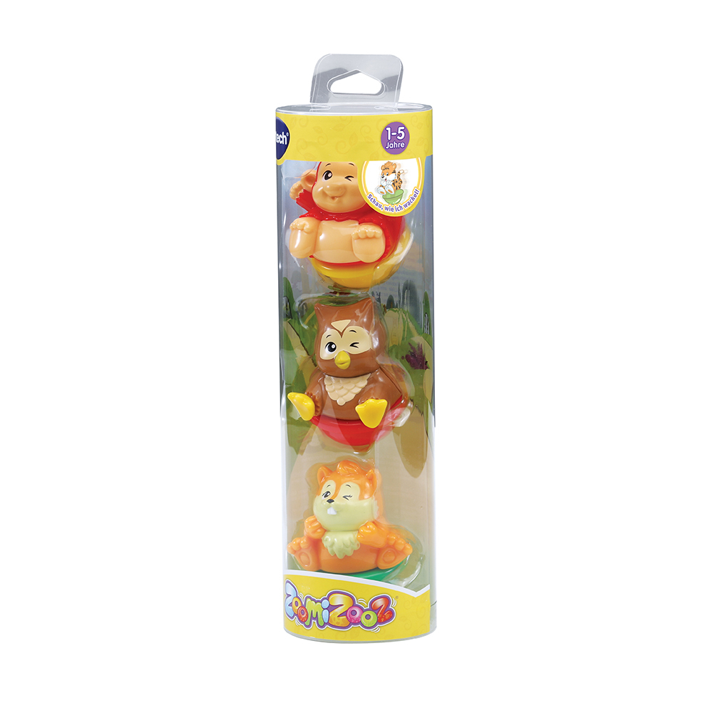 Spielzeugset in Verpackung: Eule, Biber und Affe, in Kunststoffhülle.