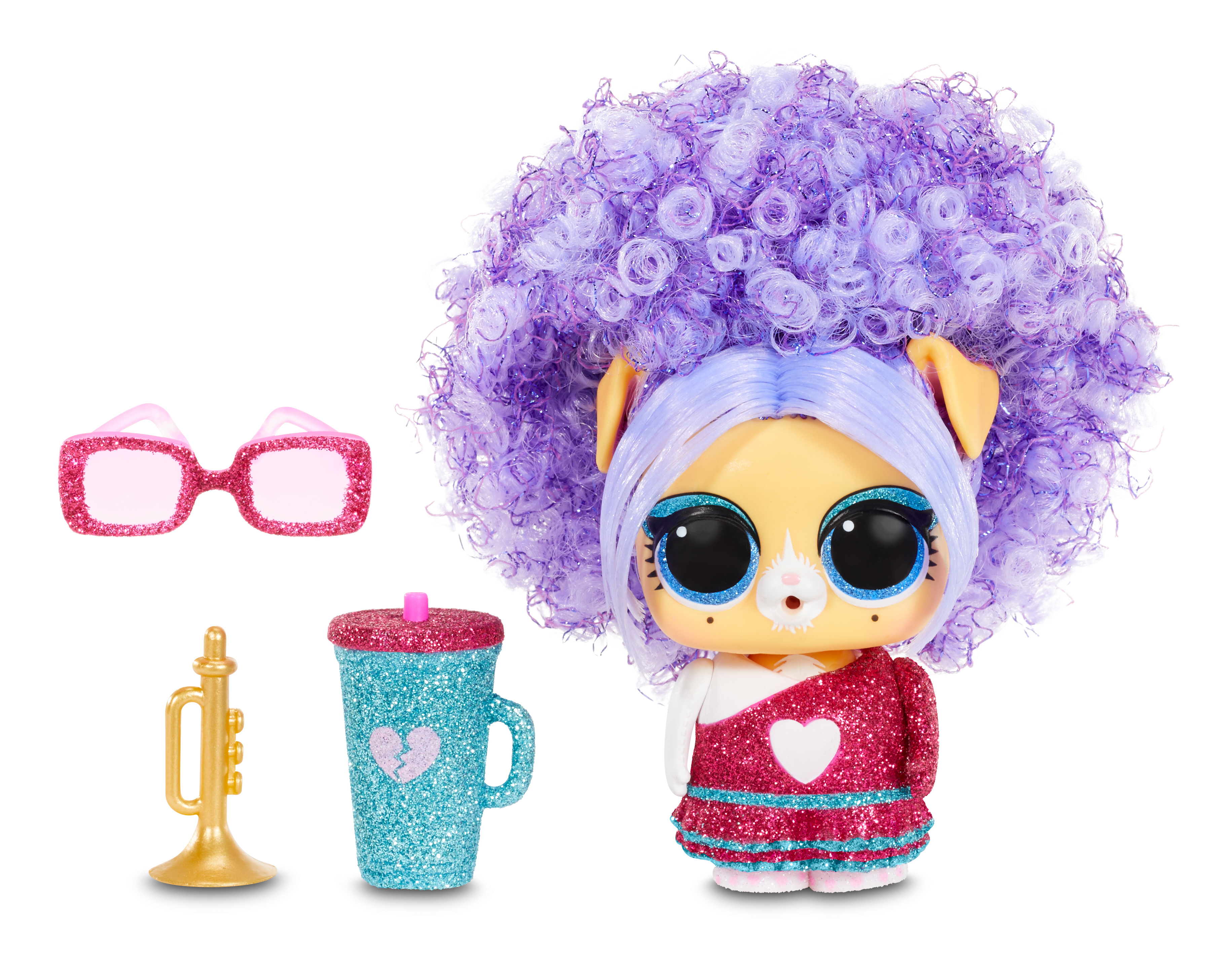 Bambola con capelli viola, occhiali, tazza, tromba e accessori.