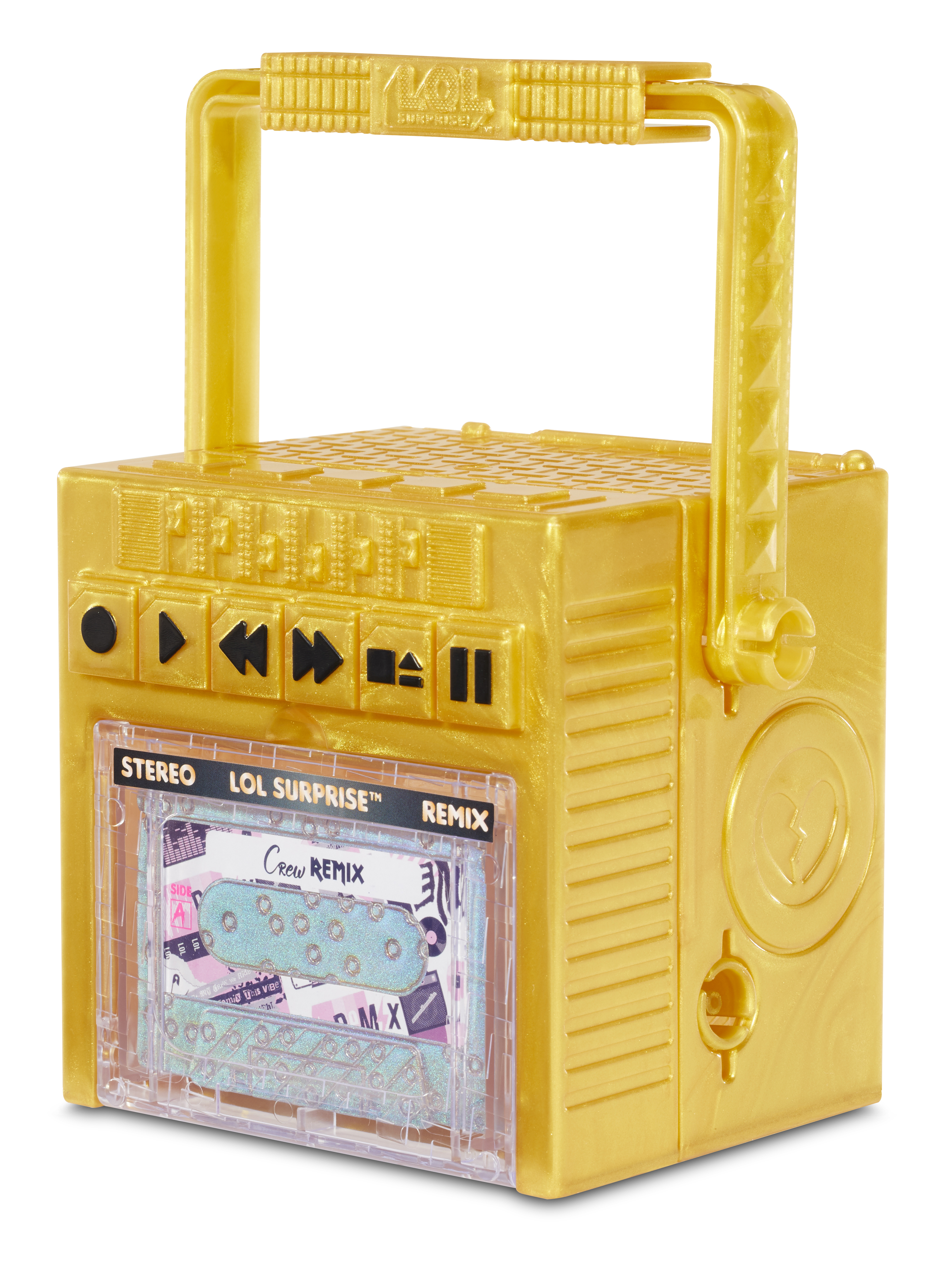 Radio giocattolo dorata con pulsanti e una musicassetta. Dettagli neri. Maniglia in alto.
